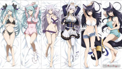 Rule 34 | 3girls, absurdres, alexia midgar, animal ears, bed, bikini, black bikini, black hair, blue hair, breasts, delta (kage no jitsuryokusha ni naritakute!), elf, epsilon (kage no jitsuryokusha ni naritakute!), frilled bikini, frills, highres, kage no jitsuryokusha ni naritakute!, large breasts, multiple girls, official art, pointy ears, ribbon, school uniform, shorts, skirt, socks, swimsuit, white bikini, white hair