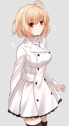 Rule 34 | 1girl, antenna hair, arcueid brunestud, blonde hair, boots, breasts, closed mouth, coat, cowboy shot, floral print, frilled coat, frills, grey background, highres, long sleeves, looking at viewer, medium breasts, nemu mohu, official alternate costume, red eyes, short hair, sidelocks, smile, solo, standing, thigh boots, thighhighs, tsukihime, tsukihime (remake), turtleneck, white coat