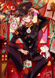 Rule 34 | 1boy, 2020, absurdres, black hat, black jacket, black sleeves, brown hair, buttons, character request, collared shirt, commentary, copyright request, dated, dated commentary, feet out of frame, gift, gold collar, grin, hair between eyes, hand on headwear, hat, high collar, highres, holding, holding gift, indoors, jacket, koi, layered sleeves, long sleeves, male focus, military hat, military uniform, mouse (animal), ofuda, ofuda on head, on table, sanshui guantang, shirt, short hair, signature, sitting, smile, solo, straight-on, table, uniform, yellow eyes