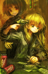 Rule 34 | 2girls, blonde hair, can, dr pepper, drink can, drugs, gun, gun to head, handgun, highres, holding, holding gun, holding weapon, lm7 (op-center), multiple girls, neon lights, original, pill, revolver, short hair, sign, smile, soda can, suicide, table, weapon