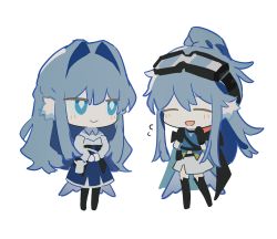 Rule 34 | 2girls, :d, arknights, astesia (arknights), astgenne (arknights), black legwear, blue dress, blue eyes, blue hair, blue shirt, chibi, diamond-shaped pupils, diamond (shape), dress, closed eyes, full body, goggles, goggles on head, hair between eyes, hair ornament, hands up, iwis, light blush, looking at another, multiple girls, open mouth, ponytail, shirt, siblings, simple background, sisters, skirt, smile, standing, symbol-shaped pupils, thighhighs, two-tone dress, white background, white dress, white skirt