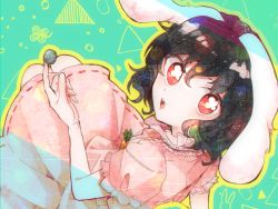 Rule 34 | 1girl, animal ears, black hair, breasts, carrot necklace, clover, coin, dress, flower, flower in eye, four-leaf clover, green background, hair between eyes, hand up, inaba tewi, itomugi-kun, jewelry, looking at viewer, looking up, necklace, open mouth, pink dress, puffy short sleeves, puffy sleeves, rabbit ears, rabbit tail, red eyes, short hair, short sleeves, sitting, small breasts, solo, symbol in eye, tail, teeth, touhou, triangle, white flower