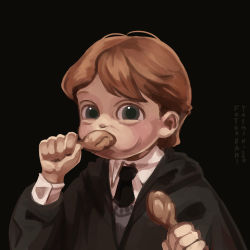 Rule 34 | 1boy, absurdres, artist name, black background, black necktie, black robe, blush, cheek bulge, chicken (food), chicken leg, child, clenched hands, collared shirt, dated, derivative work, dual wielding, eating, fatharani yasmin, food, green eyes, grey sweater, harry potter (series), harry potter and the philosopher&#039;s stone, highres, holding, holding food, light blush, long sleeves, looking at viewer, male focus, necktie, orange hair, parted bangs, robe, ron weasley, scene reference, school uniform, screenshot redraw, shirt, short hair, signature, simple background, solo, sweater, upper body, white shirt, wizarding world