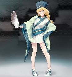 Rule 34 | 1girl, blonde hair, blue eyes, borrowed clothes, braid, chinese clothes, cosplay, fairyfloss, feather fan, full body, hat, highres, kong ming hat, long hair, one eye closed, paripi koumei, robe, shoes, sneakers, solo, tsukimi eiko, twin braids, zhuge kongming (paripi koumei), zhuge kongming (paripi koumei) (cosplay)