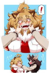 Rule 34 | !, &gt;:d, 10s, 2girls, 2koma, :d, ahoge, animal ears, antlers, blonde hair, breast pocket, brown eyes, brown hair, comic, commentary request, elbow gloves, extra ears, eye contact, finger in another&#039;s mouth, fur collar, gloves, hair between eyes, hands up, highres, horns, kemono friends, lion (kemono friends), lion ears, long hair, looking at another, millipen (medium), moose (kemono friends), moose ears, multiple girls, necktie, open mouth, orange hair, pocket, red necktie, scarf, sharp teeth, shirt, short sleeves, slit pupils, smile, spoken exclamation mark, standing, sweater, teeth, traditional media, translation request, upper body, v-shaped eyebrows, warawaranka