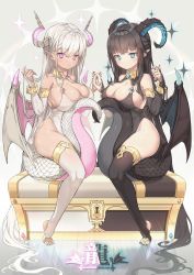 Rule 34 | 2girls, aqua eyes, bare shoulders, black hair, black legwear, black leotard, black nails, blue eyes, blush, breasts, cleavage, closed mouth, collar, commentary request, curled horns, dragon girl, dragon horns, dragon tail, dragon wings, feet, fingernails, groin, hair between eyes, highres, holding hands, horns, kinos (kw00789), large breasts, leotard, long fingernails, long hair, looking at viewer, monster girl, multiple girls, nail polish, original, pink eyes, pointy ears, purple eyes, scales, shiny skin, siblings, sidelocks, sisters, sitting, sitting on tail, skindentation, stirrup legwear, tail, thighhighs, thighlet, toeless legwear, toenail polish, toenails, toes, treasure, treasure chest, twins, very long hair, white hair, white legwear, white leotard, white nails, wings
