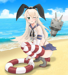 Rule 34 | 10s, 1girl, absurdres, bad id, bad pixiv id, beach, black panties, blonde hair, blush, bow, day, gloves, green eyes, highres, kantai collection, long hair, looking at viewer, open mouth, panties, rensouhou-chan, shimakaze (kancolle), skirt, squatting, squinting, thighhighs, underwear