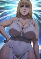 Rule 34 | 1girl, alternate breast size, black hairband, blonde hair, blue eyes, breasts, cleavage, closed mouth, commentary, dress, hairband, hand on own hip, highres, large breasts, looking at viewer, mature female, shexyo, shingeki no kyojin, short hair, sleeveless, sleeveless dress, solo, thighs, white dress, ymir fritz