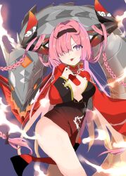 Rule 34 | 1girl, :p, azur lane, black hairband, blush, braid, breasts, china dress, chinese clothes, dress, fireworks, hair on horn, hair over one eye, hairband, highres, holding, holding fireworks, jacket, large horns, long hair, long sleeves, looking at viewer, medium breasts, non-humanoid robot, nyo24n, official alternate costume, pink hair, prinz rupprecht (azur lane), prinz rupprecht (the gate dragon advent) (azur lane), purple eyes, red jacket, robot, robot dragon, smoke, solo, tongue, tongue out, twin braids