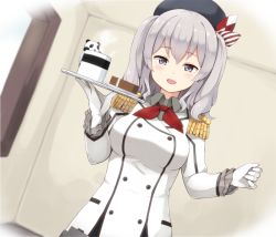 Rule 34 | 10s, 1girl, blue eyes, breasts, cake, cup, female focus, food, gloves, kantai collection, kashima (kancolle), large breasts, long hair, military, military uniform, silver hair, skirt, smile, solo, sui (tsuruhibiki), tray, twintails, uniform