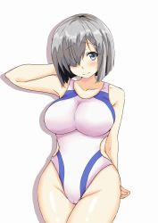 Rule 34 | 1girl, alternate costume, arm behind back, armpits, blue eyes, bob cut, breasts, chan (akuty ikkot), competition school swimsuit, cowboy shot, embarrassed, hair ornament, hair over one eye, hairclip, hamakaze (kancolle), head tilt, highres, kantai collection, large breasts, legs together, looking at viewer, one-piece swimsuit, school swimsuit, shadow, short hair, simple background, solo, standing, swimsuit, white background, white hair, white one-piece swimsuit