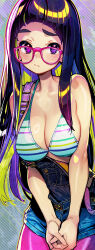 Rule 34 | 1girl, bikini, black hair, blonde hair, blue overalls, blunt bangs, blush, breasts, cleavage, closed mouth, collarbone, commentary request, glasses, green hair, highres, large breasts, long hair, looking at viewer, multicolored hair, onono imoko, original, overalls, pink-framed eyewear, purple eyes, solo, striped bikini, striped clothes, swimsuit, tears, thighhighs, white bikini