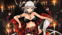 Rule 34 | 1girl, animal ears, artist request, belt, belt buckle, black feathers, black thighhighs, black wings, breasts, buckle, candle, chain, chair, collar, eyebrows hidden by hair, feathered wings, feathers, game cg, goat ears, goat legs, hand on own knee, horizontal pupils, horns, inverted cross earrings, inverted cross necklace, large breasts, looking at viewer, medium hair, midriff, monster girl, monster musume no iru nichijou, monster musume no iru nichijou online, navel, official art, parted lips, pentagram, plaid, plaid skirt, sitting, skirt, solo, sophia (monster musume), spiked collar, spikes, thighhighs, white hair, wings, zettai ryouiki
