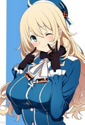 1girl ascot atago_(kancolle) beret black_gloves blonde_hair blue_eyes blue_hat blue_jacket blush breasts commentary gloves hat highres jacket kantai_collection large_breasts long_hair military_uniform nagare_(flow) one_eye_closed pointing_at_cheek simple_background smile solo twitter_username two-tone_background upper_body v white_ascot