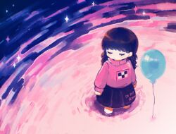 Rule 34 | 1girl, arms at sides, balloon, black hair, black skirt, blue liquid, braid, brown hair, closed eyes, closed mouth, english text, expressionless, eyelashes, facing to the side, from above, highres, long hair, madotsuki, medium bangs, pink liquid, pink sweater, pink water, pleated skirt, print sweater, purple liquid, purple skirt, ripples, signature, skirt, sleeves past wrists, solo, sparkle, standing, string, sweater, turtleneck, turtleneck sweater, twin braids, twintails, twitter username, wading, water, wide shot, yoroki 753, yume nikki