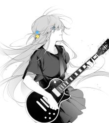 Rule 34 | 1girl, blue eyes, bocchi the rock!, cube hair ornament, electric guitar, fant585405, gibson les paul, gotoh hitori, guitar, hair ornament, highres, holding, holding instrument, instrument, long hair, looking ahead, monochrome, music, one side up, open mouth, playing instrument, pleated skirt, profile, shirt, short sleeves, simple background, skirt, solo, spot color, white background