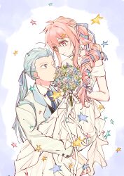 Rule 34 | 1boy, 1girl, absurdres, arche klein, blue eyes, blue hair, bouquet, carrying, carrying person, chester burklight, child carry, choker, closed mouth, couple, dress, eye contact, flower, formal, groom, hair ribbon, hetero, highres, long hair, looking at another, official alternate costume, one eye closed, pink hair, ponytail, ribbon, ribbon braid, smile, star (symbol), suit, tales of (series), tales of phantasia, wedding dress, white dress, white suit, youme xz