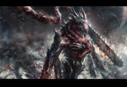 Rule 34 | 1other, absurdres, blood, blood splatter, blood spray, bloody weapon, chainsaw, chainsaw devil, chainsaw man, extra arms, facing to the side, highres, horns, nekoemonn, sharp teeth, smoke, solo, standing, teeth, weapon