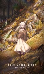 Rule 34 | 1girl, alternate costume, autumn, brown cardigan, cardigan, character name, closed eyes, copyright name, dress, fate/grand order, fate (series), forest, full body, highres, jeanne d&#039;arc alter (fate), long sleeves, nature, ru 251, scabbard, sheath, sheathed, short hair, smile, solo, standing, sword, tree, weapon, white dress, white hair
