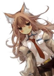 Rule 34 | 1girl, animal ears, bad id, bad pixiv id, blush, brown hair, cat ears, dutch angle, jacket, kemonomimi mode, long hair, makise kurisu, necktie, pantyhose, pantyhose under shorts, pout, red necktie, shikino yuki, shorts, simple background, solo, steins;gate, white background