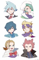 Rule 34 | 6+boys, blonde hair, brown hair, cape, closed mouth, commentary request, creatures (company), eusine (pokemon), falkner (pokemon), game freak, green hair, grey hair, gu 1156, hat, headband, highres, jacket, lance (pokemon), looking at viewer, morty (pokemon), multiple boys, nintendo, pokemon, pokemon hgss, pokemon oras, purple eyes, purple headband, purple scarf, red hair, scarf, short hair, smile, spiked hair, steven stone, wallace (pokemon), white cape, white headwear