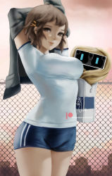 Rule 34 | 1girl, arms behind head, arms up, artist name, bag, bj (juusan kihei bouei ken), blue shorts, breasts, brown eyes, brown hair, building, chain-link fence, closed mouth, commentary, cowboy shot, english commentary, fence, grey jacket, gym uniform, hair ornament, hairclip, jacket, juusan kihei bouei ken, large breasts, long sleeves, looking at viewer, making-of available, minami natsuno, outdoors, paid reward available, patreon logo, patreon username, pink sky, robot, shirt, short hair, short shorts, short sleeves, shorts, signature, sky, skyline, smile, solo, sportswear, standing, t-shirt, taut clothes, taut shirt, thighs, watermark, web address, wei (promise 0820), white bag, white shirt, zipper, zipper pull tab