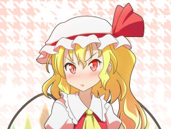 Rule 34 | 1girl, ascot, blonde hair, blush, cato (monocatienus), commentary request, flandre scarlet, frilled shirt collar, frills, hat, hat ribbon, long hair, mob cap, open mouth, patterned background, puffy sleeves, red eyes, red ribbon, ribbon, side ponytail, simple background, solo, touhou, v-shaped eyebrows, white hat, wings, yellow ascot