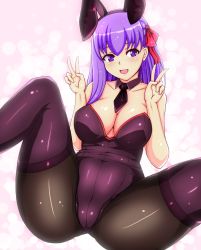 Rule 34 | 1girl, animal ears, bad id, bad pixiv id, bare shoulders, blush, breasts, double v, fake animal ears, fate/stay night, fate (series), ixmmxi, leotard, long hair, looking at viewer, matou sakura, pantyhose, playboy bunny, purple eyes, rabbit ears, solo, spread legs, thighhighs, v