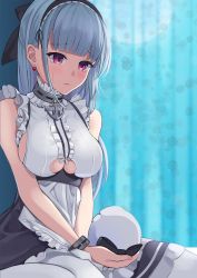 Rule 34 | 1girl, anchor choker, apron, azur lane, bare shoulders, black bow, black hairband, black skirt, blunt bangs, blush, bow, bracelet, breasts, center frills, character doll, choker, closed mouth, clothing cutout, commentary request, curtains, dido (azur lane), doll, dress, earrings, frilled apron, frilled choker, frilled skirt, frills, furrowed brow, hair bow, hairband, heart, heart earrings, highres, holding, holding doll, jewelry, lace-trimmed hairband, lace trim, large breasts, long hair, looking at doll, maid, maid apron, purple eyes, sad, shaketarako, shirt, sideboob, sidelocks, silver hair, sitting, skirt, sleeveless, sleeveless shirt, solo, tearing up, tears, thighhighs, underboob, underboob cutout, waist apron, wariza, white apron, white shirt, white thighhighs