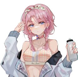 Rule 34 | 1girl, absurdres, arknights, bare shoulders, blue eyes, blue poison (arknights), blue poison (shoal beat) (arknights), blush, bottle, braid, breasts, camisole, chinese commentary, choker, clothes writing, commentary, ear piercing, hairband, hand up, highres, holding, holding bottle, jacket, lan zhu gu, looking at viewer, medium hair, navel, o-ring, o-ring choker, off shoulder, official alternate costume, open clothes, open jacket, piercing, pink choker, pink hair, scales, simple background, small breasts, solo, spaghetti strap, sports bra, sweat, upper body, water bottle, white background, white jacket