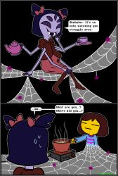 Rule 34 | 1girl, androgynous, black hair, brown hair, bug, claws, comic, cooking, cup, english text, extra arms, extra eyes, fangs, food, frisk (undertale), gameplay mechanics, hand to own mouth, arthropod girl, instant ramen, monster girl, muffet, noodles, plate, pot, silk, sitting, spider, spider girl, spider web, steam, stove, sweat, teacup, teapot, tikara, undertale