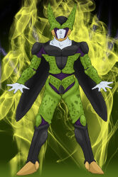 Rule 34 | 1boy, cell (dragon ball), closed eyes, colored skin, dragon ball, dragonball z, full body, green skin, highres, jamesbeavers91, lightning, muscular, muscular male, perfect cell, solo, solo focus, standing, wings