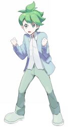 Rule 34 | 1boy, cardigan, clenched hands, collared shirt, commentary request, creatures (company), full body, game freak, green eyes, green hair, green pants, hands up, highres, kienai 11, male focus, nintendo, open cardigan, open clothes, open mouth, pants, pokemon, pokemon oras, shirt, shoes, short hair, solo, standing, tongue, wally (pokemon), white shirt