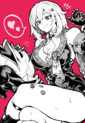 Rule 34 | 1girl, absurdres, bare shoulders, blue eyes, blush, breasts, cleavage, closed mouth, coin, crossed legs, gloves, greyscale, greyscale with colored background, hair between eyes, heart, highres, honkai: star rail, honkai (series), large breasts, monochrome, red background, simple background, sitting, smile, solo, spoken heart, sweat, thighs, topaz (honkai: star rail), trotter (honkai: star rail), warp trotter (honkai: star rail), yotsumi shiro