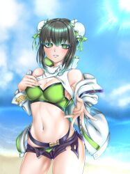 Rule 34 | 1girl, absurdres, bare shoulders, beach, belt, bikini, black hair, black shorts, breasts, bun cover, cleavage, collarbone, double bun, fate/grand order, fate (series), green bikini, green eyes, green ribbon, grin, hair bun, hair ribbon, highres, jacket, kachihokori satake, large breasts, long sleeves, looking at viewer, navel, open clothes, open jacket, qin liangyu (chainsaw of the dead) (fate), qin liangyu (fate), ribbon, short shorts, shorts, sidelocks, smile, solo, swimsuit, thighs, white jacket