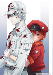 Rule 34 | 1boy, 1girl, absurdres, ae-3803, arm around waist, artist name, badge, baseball cap, belt, black eyes, blood, blood on clothes, blood on face, blood on hands, blue background, breast pocket, brown eyes, button badge, cabbie hat, commentary, couple, cropped jacket, empty eyes, english commentary, expressionless, front to back, gradient background, grey belt, hair between eyes, hair over one eye, hat, hataraku saibou, height difference, highres, hug, hug from behind, jacket, naobhal, open clothes, open jacket, pale skin, pants, parted lips, patch, pocket, raised eyebrows, red blood cell (hataraku saibou), red hair, red jacket, scared, shaded face, shirt, short hair, short sleeves, translated, u-1146, upper body, white background, white blood cell (hataraku saibou), white hair, white headwear, white legwear, white shirt