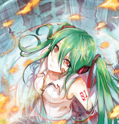 Rule 34 | 1girl, bandaid, beancurd, detached sleeves, green hair, hatsune miku, highres, long hair, necktie, partially submerged, red eyes, solo, twintails, vocaloid