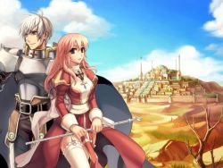 Rule 34 | 1boy, 1girl, armor, belt, bow, cape, cloud, cross, day, dress, frilled thighhighs, frills, garter belt, greek cross, high priest (ragnarok online), in-universe location, jewelry, latin cross, long hair, necklace, official art, outdoors, paladin, paladin (ragnarok online), pink hair, priest, purple eyes, ragnarok online, scenery, sky, smile, staff, thighhighs, white hair, white thighhighs
