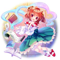 Rule 34 | 1girl, amo (shibu3), bell, bloomers, book, bow, brown hair, hair bell, hair ornament, hand on own cheek, hand on own face, japanese clothes, loose socks, motoori kosuzu, open mouth, red eyes, red hair, scroll, shoes, short hair, smile, socks, solo, touhou, translucent, underwear