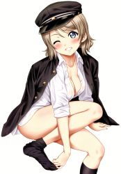 Rule 34 | 1girl, absurdres, ankle socks, black socks, blue eyes, blush, bottomless, breasts, brown hair, cleavage, hat, head tilt, highres, jacket, long sleeves, looking at viewer, love live!, love live! sunshine!!, medium breasts, no bra, one eye closed, sankuro (agoitei), scan, school uniform, shirt, short hair, simple background, sitting, sleeves rolled up, smile, socks, solo, watanabe you, white background, white shirt