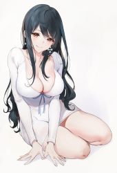 Rule 34 | 1girl, arm support, black hair, bow, bowtie, breasts, brown eyes, cleavage, closed mouth, collarbone, commentary, dress, earrings, emyo, full body, highres, jewelry, large breasts, long hair, long sleeves, looking at viewer, original, short dress, sidelocks, sitting, smile, solo, white background, white dress