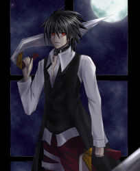 Rule 34 | 00s, 1boy, bandages, black hair, collar, indoors, lowres, male focus, monochrome factor, moon, night, open clothes, open shirt, red eyes, shinrin kusaba, shirt, short hair, sky, solo, star (symbol), sword, weapon