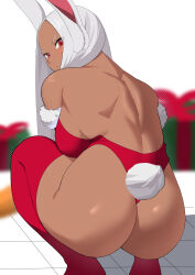 Rule 34 | 1girl, animal ears, ass, back, backless leotard, blurry, blurry background, boku no hero academia, box, breasts, commentary, dark-skinned female, dark skin, english commentary, from behind, gift, gift box, highres, kritta88, large breasts, leotard, long hair, looking at viewer, median furrow, mirko, no shoes, parted bangs, parted lips, rabbit ears, rabbit girl, rabbit tail, red eyes, red leotard, red thighhighs, short eyebrows, shoulder blades, solo, squatting, strapless, strapless leotard, tail, thighhighs, thong leotard, tile floor, tiles, white hair