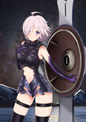 Rule 34 | 1girl, ahoge, armor, black leotard, black thighhighs, breasts, breasts apart, clothing cutout, cowboy shot, elbow gloves, fate/grand order, fate (series), gloves, hair between eyes, hair over one eye, highres, leotard, mash kyrielight, medium breasts, midriff, milky way, navel, navel cutout, night, outdoors, parted lips, pink hair, purple eyes, short hair, sky, solo, standing, star (sky), starry sky, stomach, thigh strap, thighhighs, zhuoji zhizun