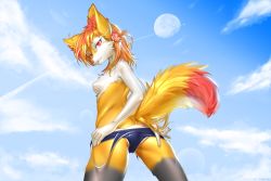 Rule 34 | 1girl, absurdres, aircraft, airplane, ancesra, animal ear fluff, animal ears, animal nose, artist name, ass, back, black fur, blonde hair, blue one-piece swimsuit, blue sky, body fur, braixen, breasts, butt crack, cameltoe, clothes pull, cloud, contrail, cowboy shot, creatures (company), day, female focus, flower, fox ears, fox girl, fox tail, from behind, furry, furry female, game freak, gen 6 pokemon, hair flower, hair ornament, half-closed eyes, happy, highres, legs apart, lens flare, looking at viewer, looking back, medium hair, moon, multicolored hair, nintendo, nipples, one-piece swimsuit, one-piece swimsuit pull, orange hair, outdoors, parted lips, patreon username, pokemon, pokemon (creature), red flower, red hair, shiny clothes, shiny skin, sky, small breasts, smile, snout, solo, standing, streaked hair, swimsuit, tail, teeth, topless, watermark, web address, white fur, yellow fur