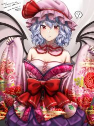 Rule 34 | 1girl, ?, absurdres, aged up, alternate costume, bare shoulders, bat wings, blue hair, bow, commentary request, floral print, hair between eyes, hat, highres, japanese clothes, kimono, looking at viewer, mitama mudimudi, mob cap, pink hat, print kimono, purple nails, red bow, red eyes, remilia scarlet, solo, touhou, upper body, wavy hair, wings