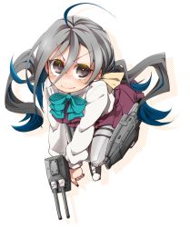 Rule 34 | &gt;:), 10s, 1girl, ahoge, bad id, bad pixiv id, blue hair, bow, brown eyes, grey hair, kantai collection, kiyoshimo (kancolle), looking at viewer, miyuu (crazy lollipop), multicolored hair, pantyhose, smile, solo, turret, twintails, two-tone hair, v-shaped eyebrows