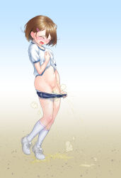 Rule 34 | 1girl, ^ ^, absurdres, blue background, blue buruma, blue trim, blush, breast pocket, breasts, brown hair, buruma, buruma pull, cleft of venus, clenched hand, closed eyes, clothes lift, clothes pull, collarbone, cross-laced footwear, embarrassed, female focus, from side, full body, gradient background, groin, gym uniform, hair ornament, hairclip, hand up, highres, kemono hatsukin, kneehighs, leg up, lifting own clothes, motion lines, navel, nose blush, open mouth, original, panties, panty pull, pee, peeing, pocket, pulling own clothes, pussy, shaking head, shirt, shirt lift, shoes, short hair, short sleeves, sidelocks, simple background, small breasts, socks, solo, standing, standing on one leg, steam, stomach, tears, thighs, two-tone background, uncensored, underwear, wet, wet clothes, wet panties, white footwear, white panties, white shirt, white socks, yellow background