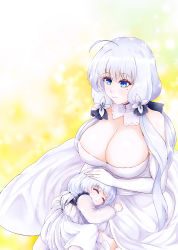 Rule 34 | 2girls, absurdres, azur lane, bare shoulders, black ribbon, blue eyes, breasts, cleavage, detached collar, dress, elbow gloves, gloves, hair ribbon, hand on another&#039;s head, highres, huge breasts, illustrious (azur lane), lap pillow, little illustrious (azur lane), long dress, long hair, mother and daughter, multiple girls, ribbon, sleeping, strapless, strapless dress, very long hair, white dress, white gloves, white hair, yuuutsu!!!
