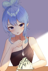 Rule 34 | 1girl, absurdres, black camisole, blue eyes, blue hair, bowl, camisole, dessert, elbow rest, elbows on table, food, highres, hololive, hoshimachi suisei, pov across table, single bare shoulder, solo, spaghetti strap, spoon, strap slip, tagosaku (tatsukiuma0329), tongue, tongue out, virtual youtuber